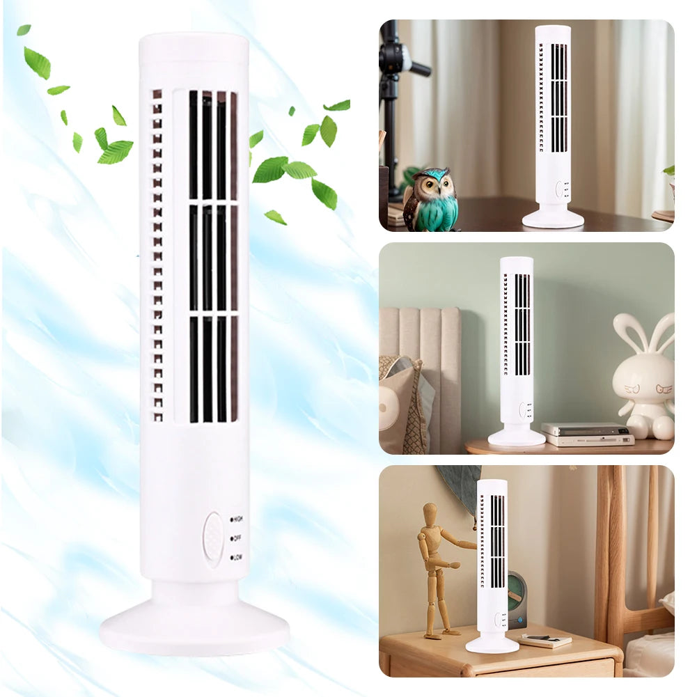 Slim Bladeless LED Tower Fan for Bedroom, Office & Home - Mini Vertical Desktop Tower Fan – USB Powered, 2-Speed Air Conditioner
