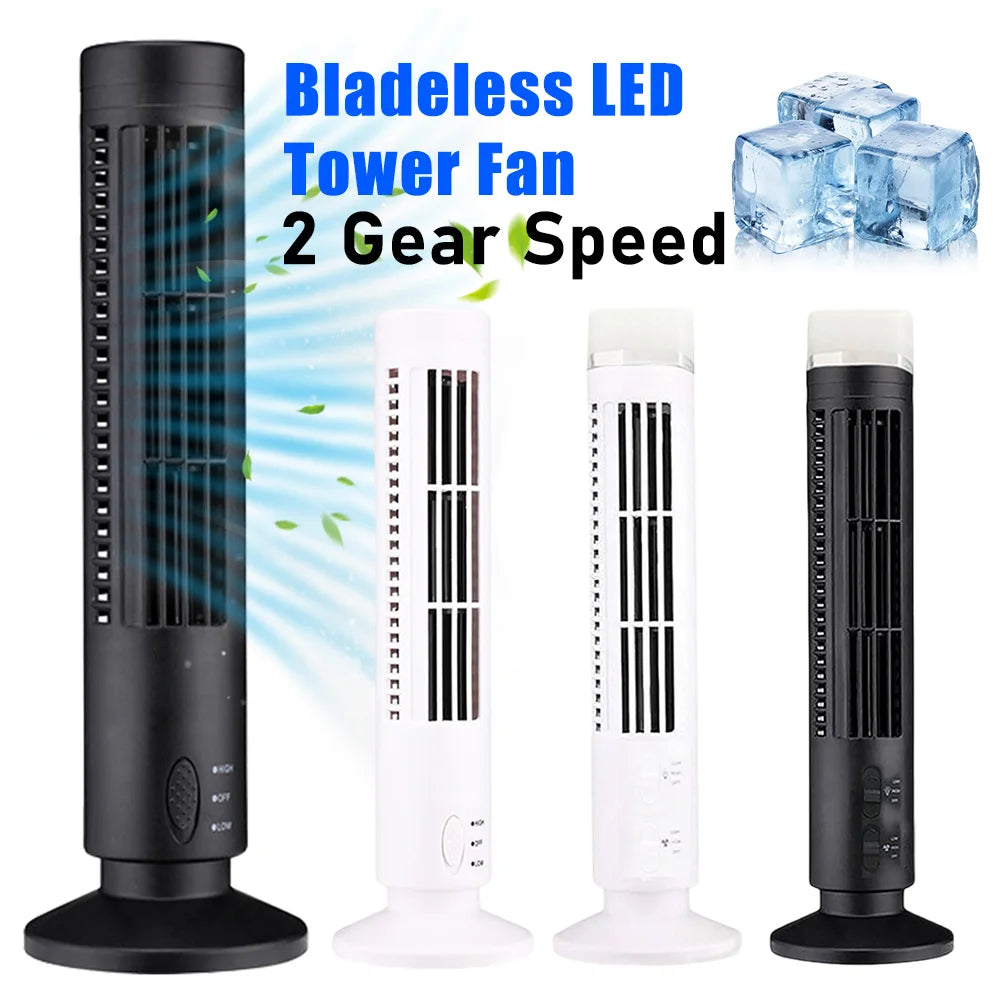 Slim Bladeless LED Tower Fan for Bedroom, Office & Home - Mini Vertical Desktop Tower Fan – USB Powered, 2-Speed Air Conditioner