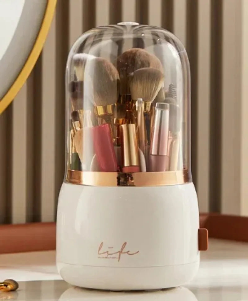 360° Rotating Beauty Organizer – Dustproof Cosmetic & Brush Holder