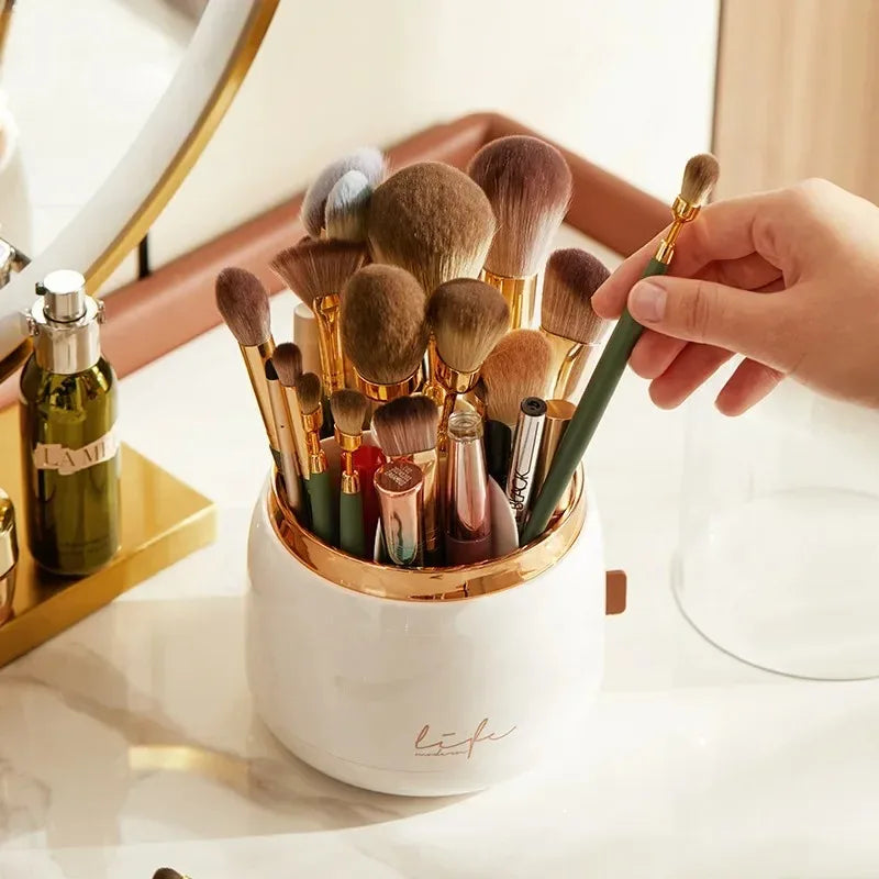 360° Rotating Beauty Organizer – Dustproof Cosmetic & Brush Holder