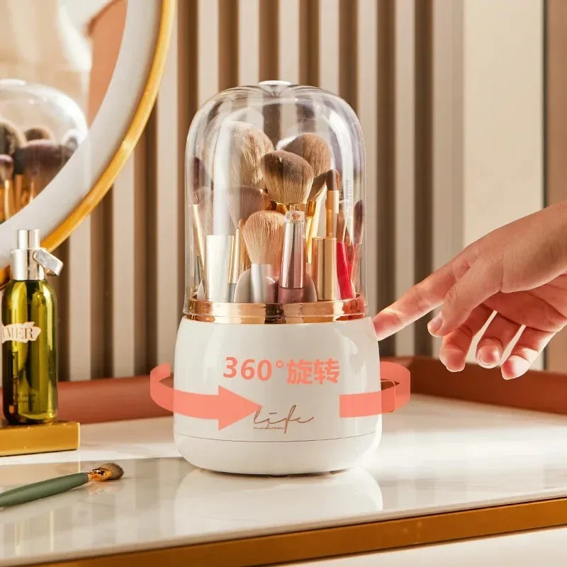 360° Rotating Beauty Organizer – Dustproof Cosmetic & Brush Holder