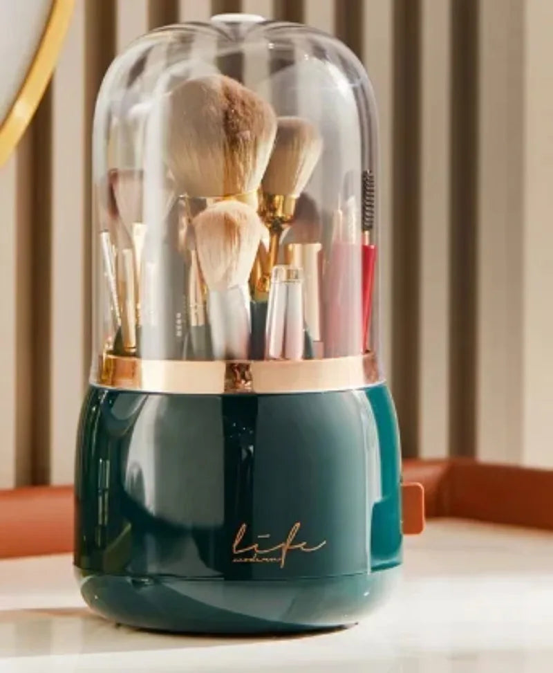 360° Rotating Beauty Organizer – Dustproof Cosmetic & Brush Holder